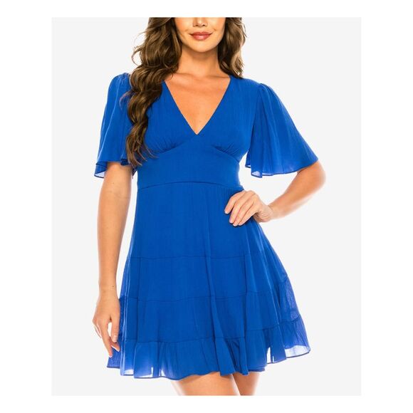 NWT B DARLIN Womens Blue Tie Back Skirt Lined Flutter Sleeve Short Dress 1\2 - Picture 1 of 3